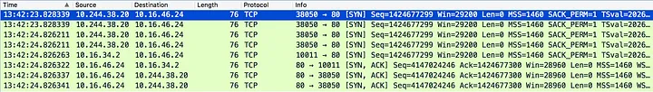 Network packet flow showing container's perspective, 10.244.38.20 trying to connect to 10.16.46.24 on port 80