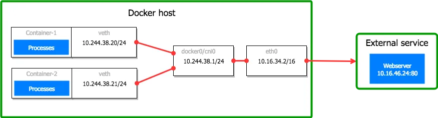 Network packet flow showing container's perspective, 10.244.38.20 trying to connect to 10.16.46.24 on port 80